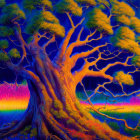 Colorful digital artwork: Whimsical tree with swirling branches on vibrant, psychedelic backdrop