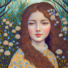 Illustrated woman with green eyes in mystical setting surrounded by decorative branches and blooms in green and gold hues