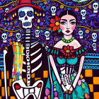 Colorful illustration: Skeleton and woman with folklore aesthetic amidst floral motifs