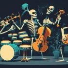 Surreal underwater scene with skeletons playing instruments