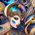 Illustration of woman and golden horse in cosmic fantasy setting