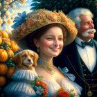 Victorian woman with puppy, man, and cherub in flower hat illustration