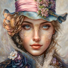 Illustrated woman with gold filigree makeup and floral crown showcasing elegance and fantasy