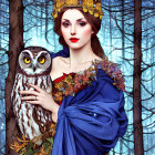 Regal woman with golden crown holding owl in snowy forest.