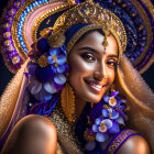 Smiling woman in gold jewelry with purple flowers