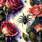 Detailed red roses with golden highlights and dark spiders on a cosmic blue background