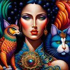 Colorful Artwork: Woman's Face with Orange and Blue Stylized Felines