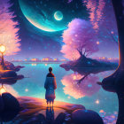 Colorful surreal landscape with person by reflective water and vibrant trees under moonlit sky