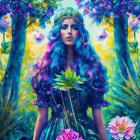 Mystical woman in floral headgear and blue gown surrounded by vibrant blooms