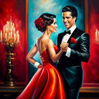 Formal attire couple dancing intimately in warm, romantic lighting