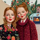 Stylized illustrated young women with intricate hairstyles in floral clothing in autumnal scene