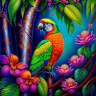 Colorful Parrot Among Exotic Flowers and Foliage with Snake on Blue Background