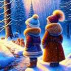Children in winter clothing view snowy woodland scene at twilight