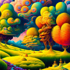 Colorful Psychedelic Landscape with Swirling Skies and Figures