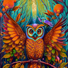 Colorful Stylized Owls Perched on Branch with Fiery Backdrop