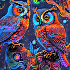 Colorful Psychedelic Owls Illustration on Starry Background