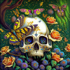 Colorful Artwork: Human Skull, Butterflies, Roses, Foliage