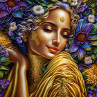 Serene woman with vibrant floral tapestry