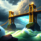 Golden suspension bridge over turbulent sea with crashing waves under dramatic cloudy sky