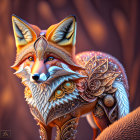 Stylized fox in golden armor with intricate patterns on bokeh background