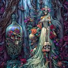 Colorful surreal artwork: woman in floral dress with skull motifs, surrounded by twisting foliage and skull-de