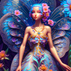 Blue butterfly-winged fairy in enchanted forest with flowers and jewels