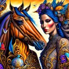 Portrait of a Woman with Blue Hair and Brown Horse