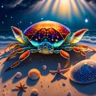 Vibrant digital artwork: crab on beach with seashells, starfish, water droplets