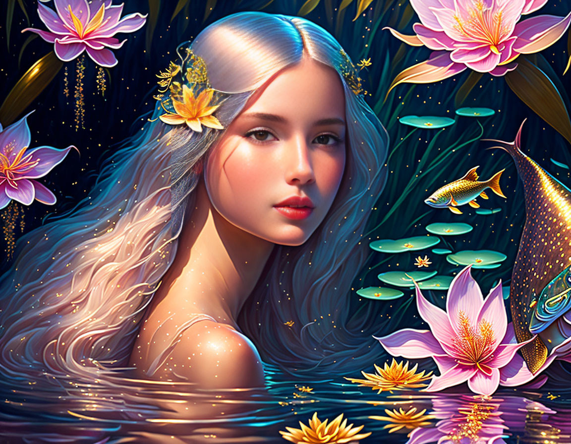 Mystical female figure surrounded by water lilies and goldfish