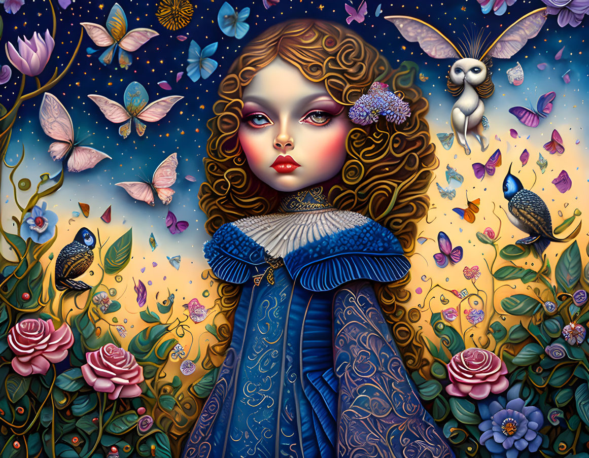 Colorful Floral Background with Stylized Girl and Creatures