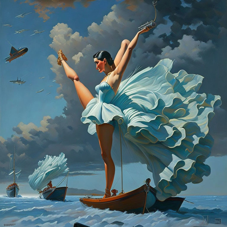 Ballerina Posing on Boat in Turbulent Waters