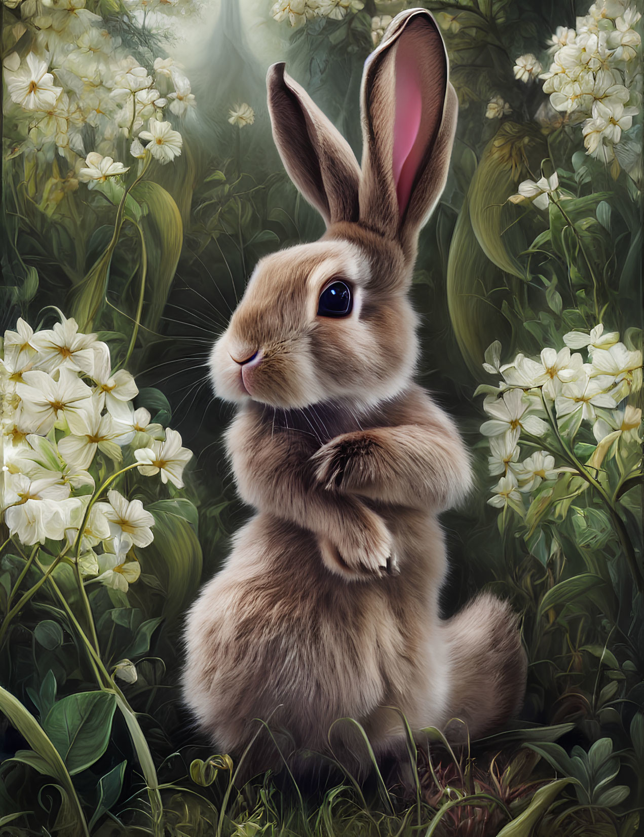 Fluffy Brown Rabbit in Lush Floral Background