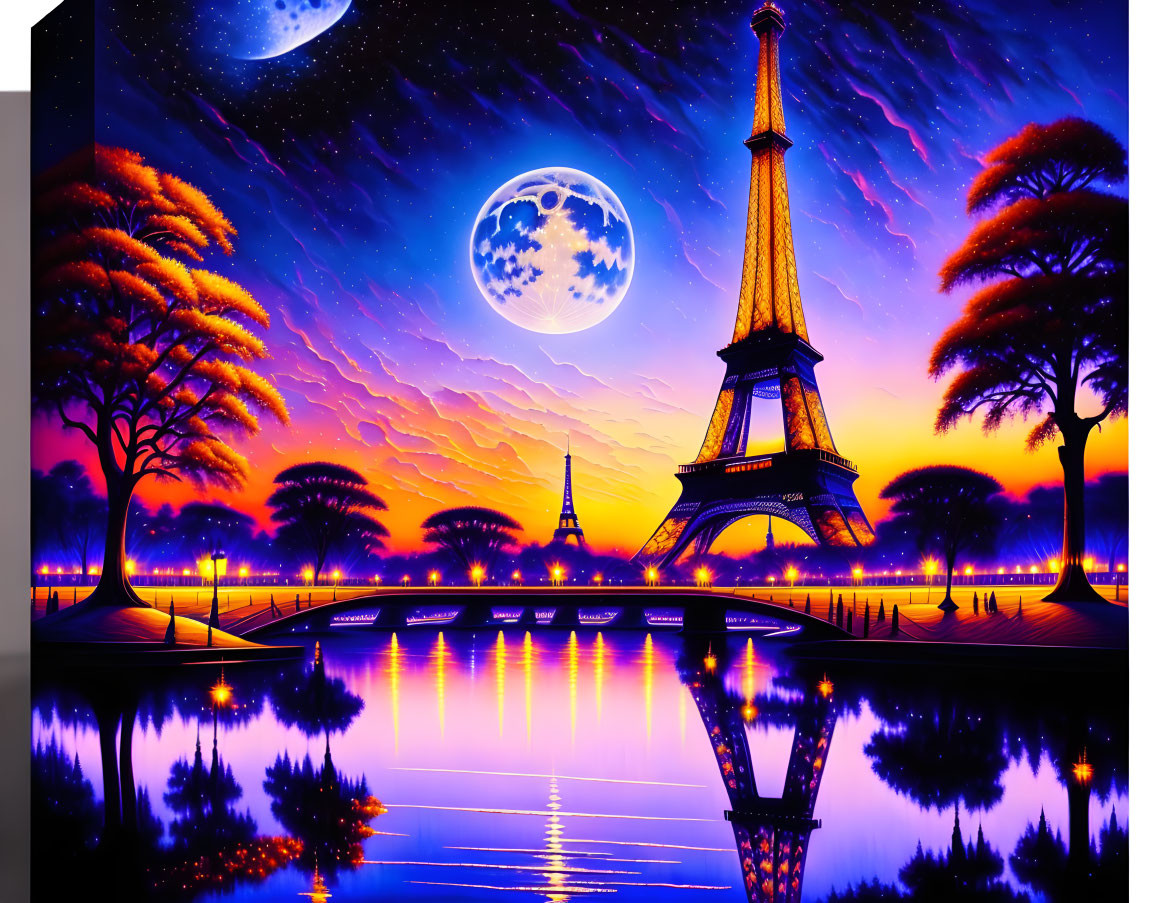 Surreal artwork of Eiffel Tower at sunset with moon, palms, and starry sky