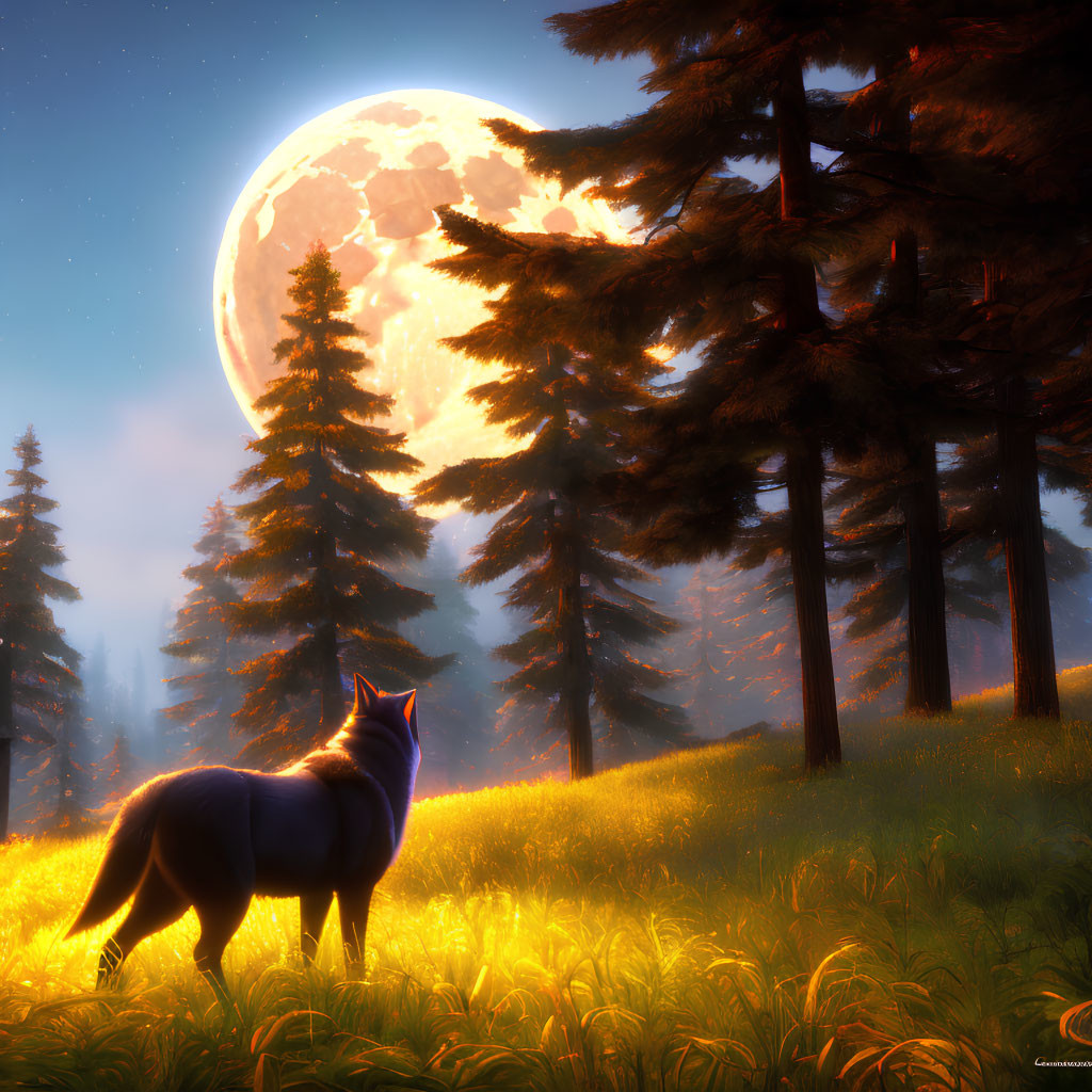 Lone wolf in glowing forest clearing under detailed moon