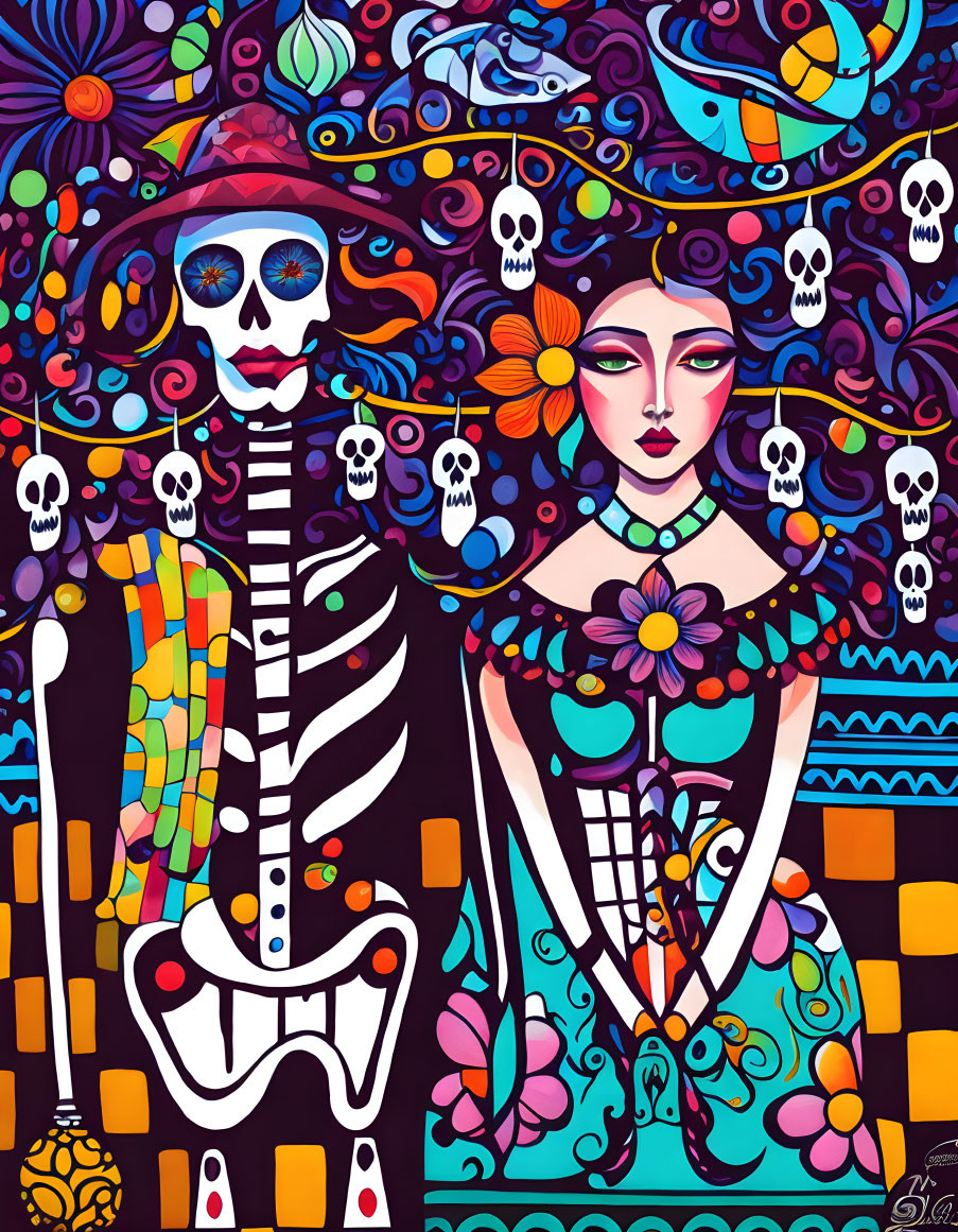 Colorful illustration: Skeleton and woman with folklore aesthetic amidst floral motifs