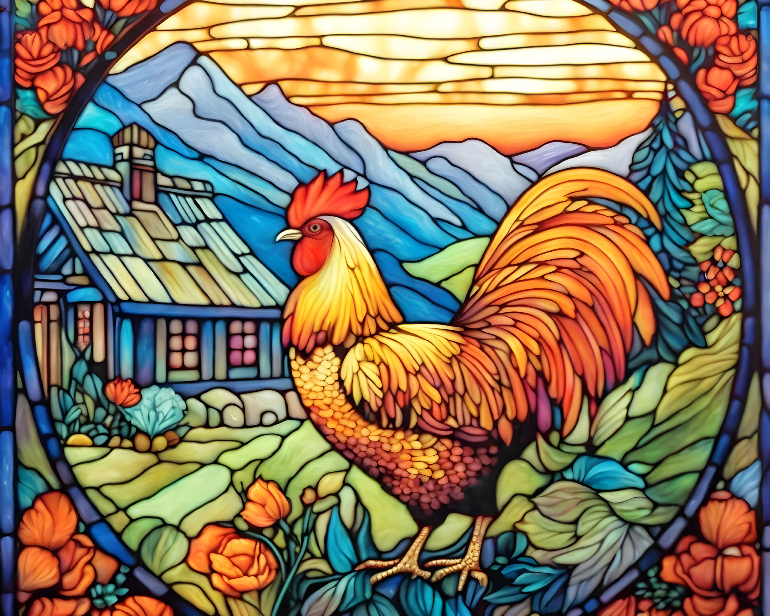 Colorful Rooster Stained Glass Window with Mountain Landscape