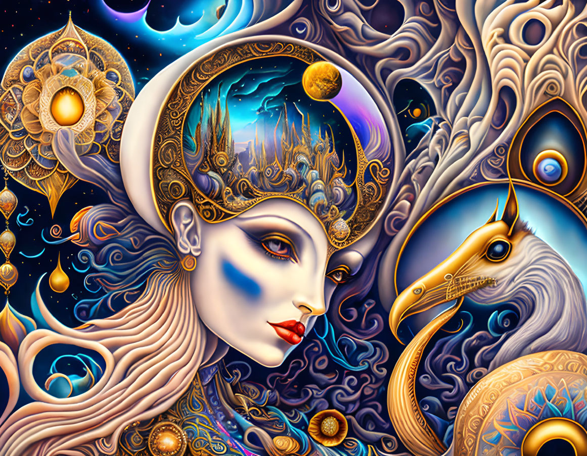 Illustration of woman and golden horse in cosmic fantasy setting