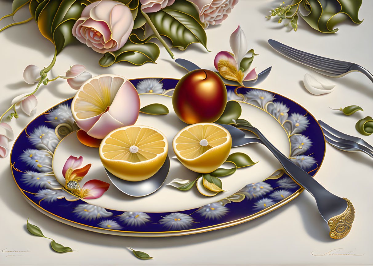 Plated still life with lemons, peach, flowers, spoon, and fork