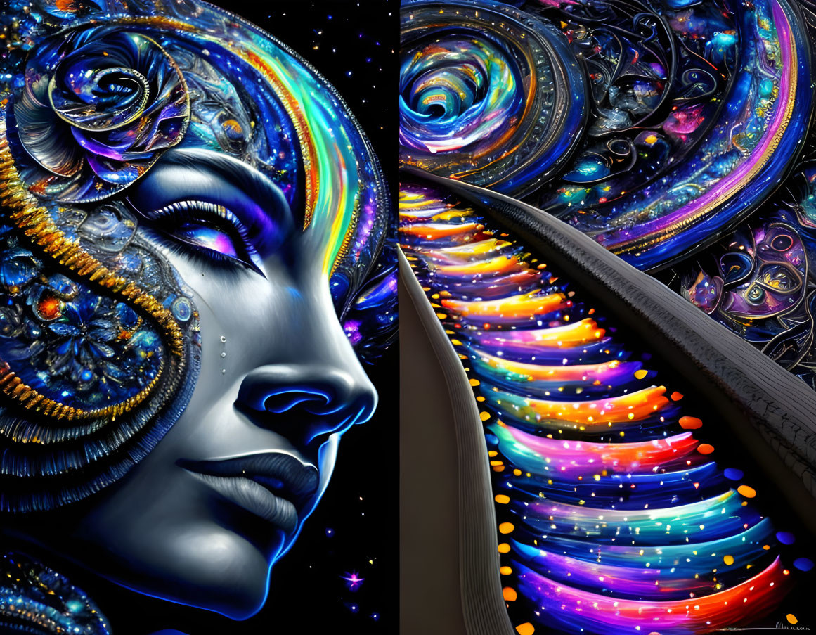 Colorful digital artwork of woman's profile with cosmic patterns