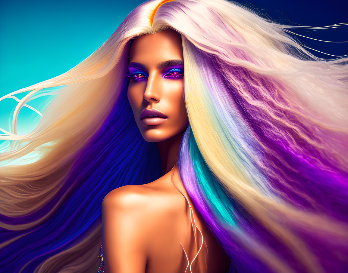 Vibrant digital artwork: Woman with multicolored hair and purple eye makeup