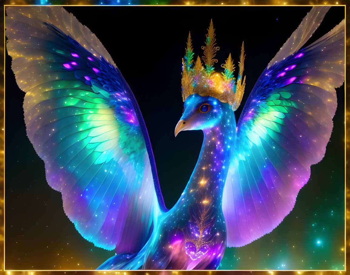 Digitally created peacock with translucent wings and crown in starry sky