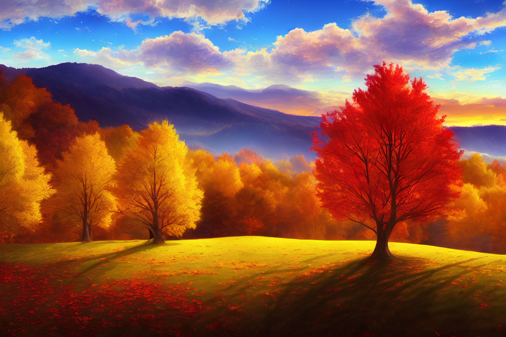 Colorful autumn landscape with red, golden, and blue hues under a sunset sky