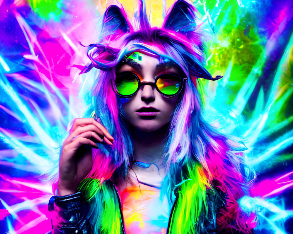 Colorful Hair and Fur Ears on Person with Green Glasses in Neon Setting