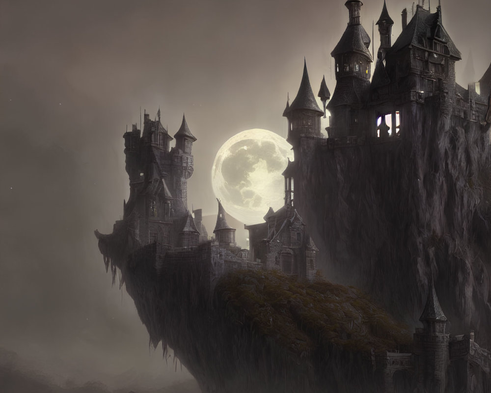 Gothic castle on cliff under full moon with foggy atmosphere