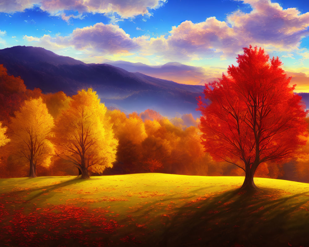 Colorful autumn landscape with red, golden, and blue hues under a sunset sky