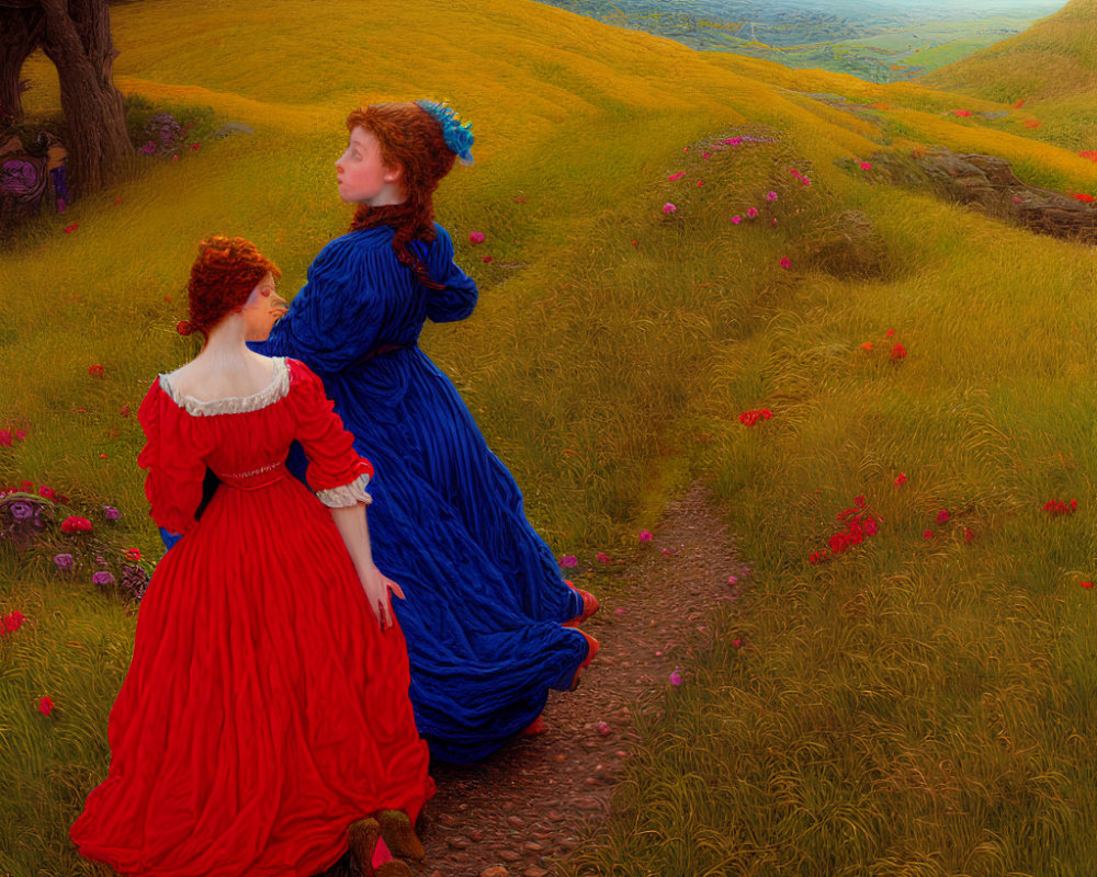 Victorian women walking in vibrant meadow under golden sky