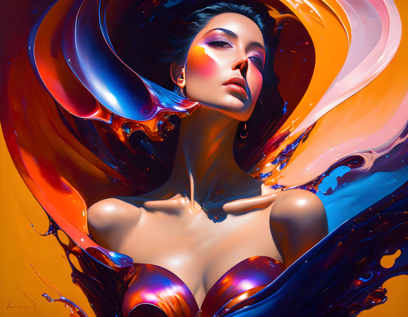 Colorful digital artwork: Woman with liquid hair & contemplative expression