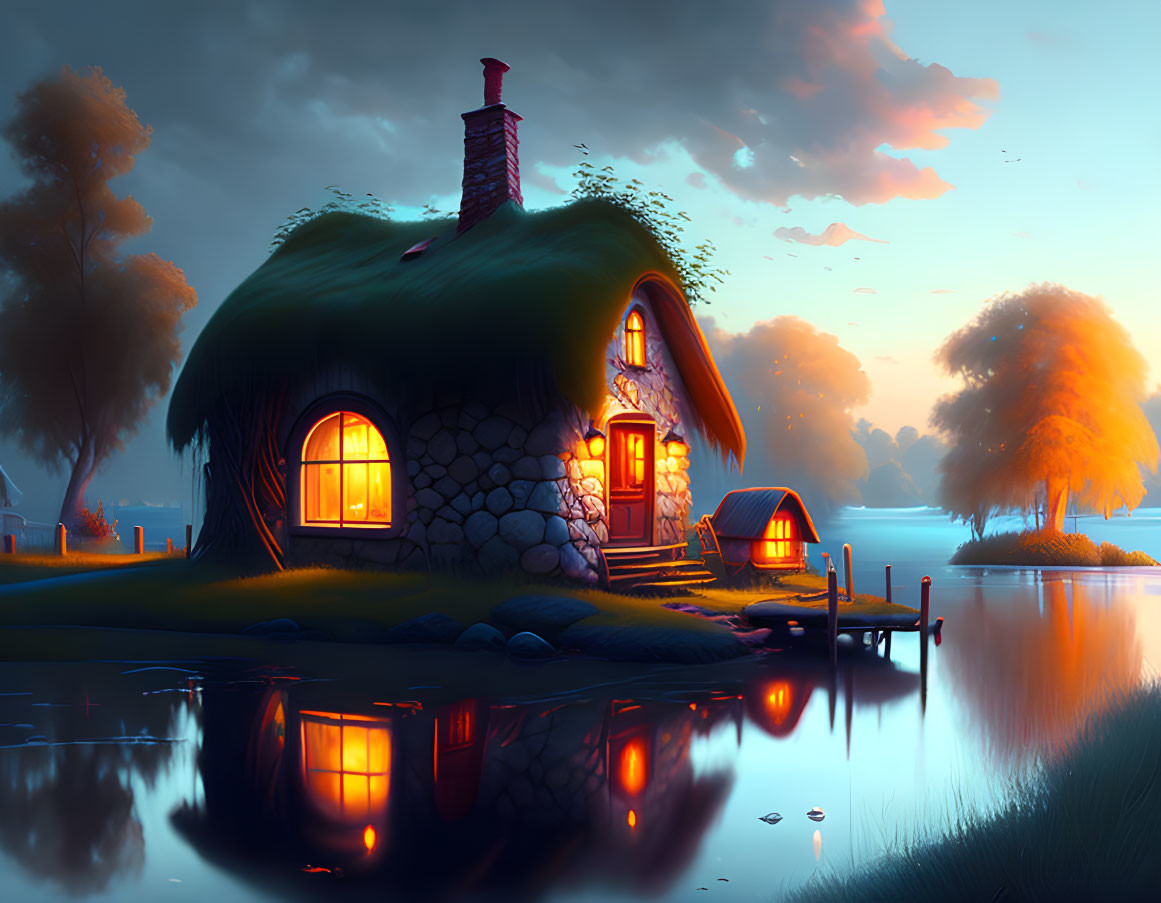 Cozy Stone Cottage by Calm Lake at Twilight