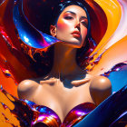 Colorful digital artwork: Woman with liquid hair & contemplative expression