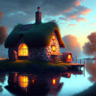 Cozy Stone Cottage by Calm Lake at Twilight